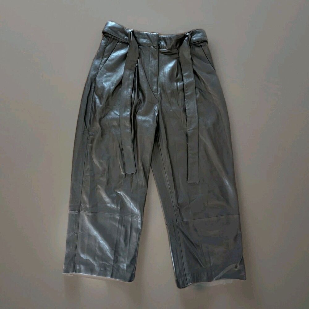 MNG Mango Faux Leather Pants Womens 6 Brown Belted Wide Leg Club Goth